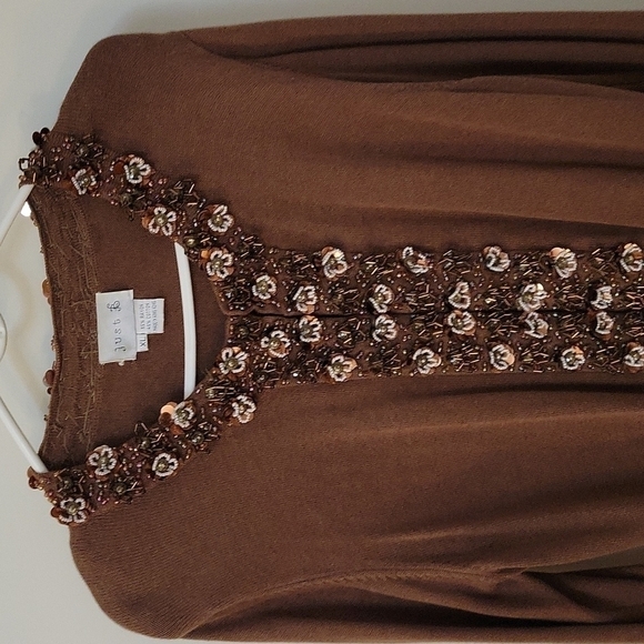 VTG JUST B Brown Floral Glass Beaded Coquette Cardigan Sweater XL - Picture 10 of 13
